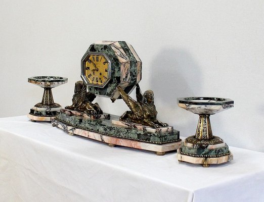 Art Deco Marble and Bronze Mantel Clock & Decoration, 1940s, Set of 3-RVK-990959