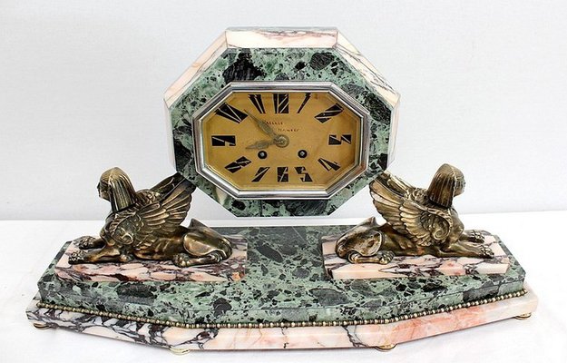 Art Deco Marble and Bronze Mantel Clock & Decoration, 1940s, Set of 3-RVK-990959