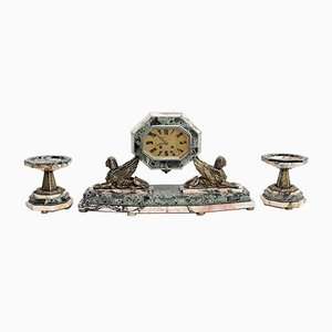 Art Deco Marble and Bronze Mantel Clock & Decoration, 1940s, Set of 3-RVK-990959