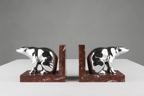 Art Deco Marble and Metal Bear Bookends, 1930s-YSY-1756366