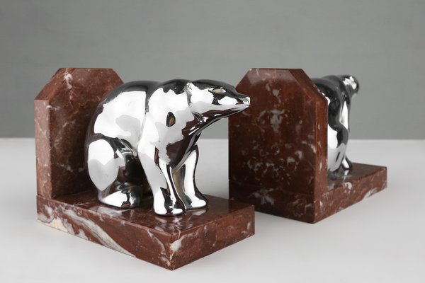 Art Deco Marble and Metal Bear Bookends, 1930s-YSY-1756366