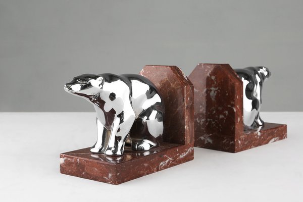 Art Deco Marble and Metal Bear Bookends, 1930s-YSY-1756366