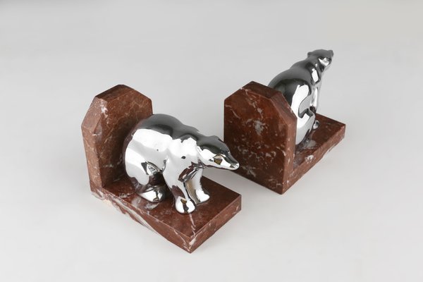 Art Deco Marble and Metal Bear Bookends, 1930s-YSY-1756366