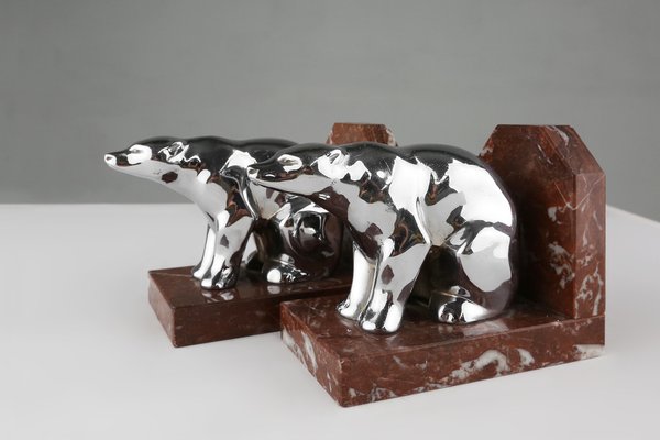 Art Deco Marble and Metal Bear Bookends, 1930s-YSY-1756366