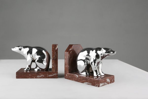 Art Deco Marble and Metal Bear Bookends, 1930s-YSY-1756366