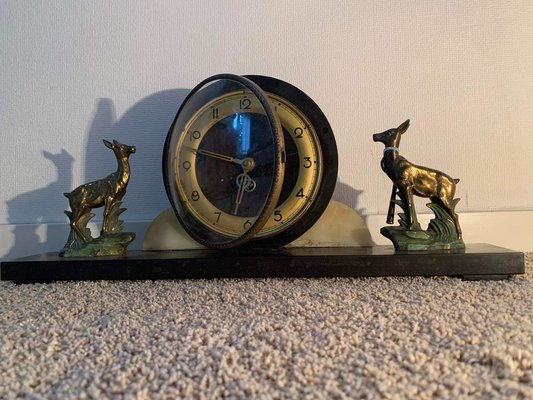 Art Deco Marble, Bronze and Brass Clock on a Chest of Drawers, 1930s-WQQ-1311933