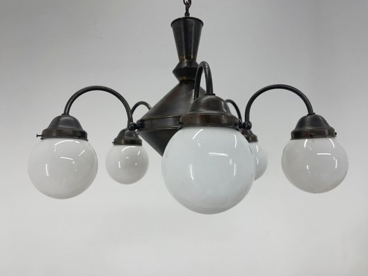 Art Deco Metal and Milk Glass Chandelier, 1930s-TZ-1345443