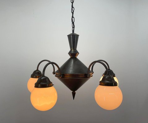 Art Deco Metal and Milk Glass Chandelier, 1930s-TZ-1345443