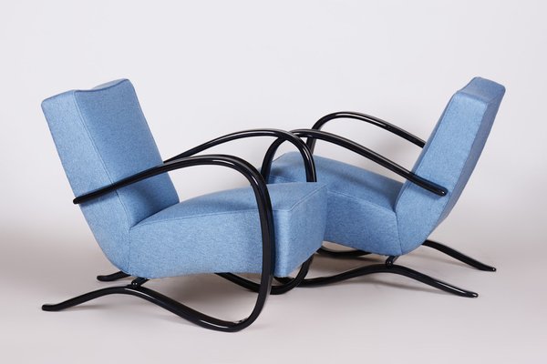 Art Deco Model H-269 Lounge Chairs in Beech and Blue Upholstery attributed to Jindřich Halabala for Up Závody, Former Czechoslovakia, 1930s, Set of 2-WHY-1768707