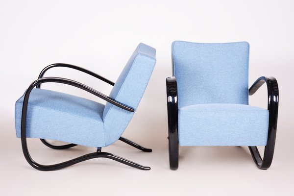 Art Deco Model H-269 Lounge Chairs in Beech and Blue Upholstery attributed to Jindřich Halabala for Up Závody, Former Czechoslovakia, 1930s, Set of 2-WHY-1768707