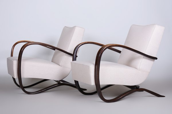 Art Deco Model H-269 Lounge Chairs in Beech and White Upholstery attributed to Jindřich Halabala for Up Závody, Former Czechoslovakia, 1930s, Set of 2-WHY-1768701