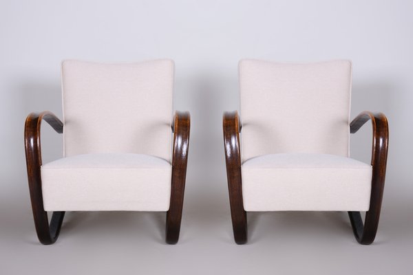 Art Deco Model H-269 Lounge Chairs in Beech and White Upholstery attributed to Jindřich Halabala for Up Závody, Former Czechoslovakia, 1930s, Set of 2-WHY-1768701