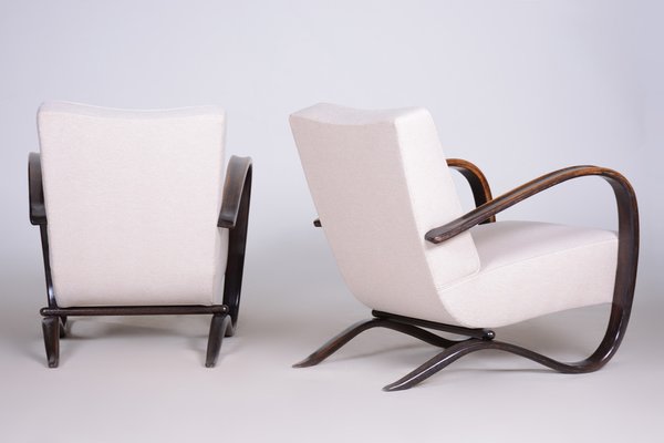 Art Deco Model H-269 Lounge Chairs in Beech and White Upholstery attributed to Jindřich Halabala for Up Závody, Former Czechoslovakia, 1930s, Set of 2-WHY-1768701