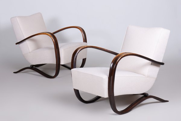 Art Deco Model H-269 Lounge Chairs in Beech and White Upholstery attributed to Jindřich Halabala for Up Závody, Former Czechoslovakia, 1930s, Set of 2-WHY-1768701