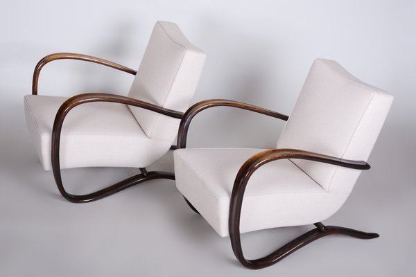 Art Deco Model H-269 Lounge Chairs in Beech and White Upholstery attributed to Jindřich Halabala for Up Závody, Former Czechoslovakia, 1930s, Set of 2-WHY-1768701