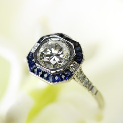 Art Deco Modern Sapphires Diamonds Platinum Ring-OLU-2042369