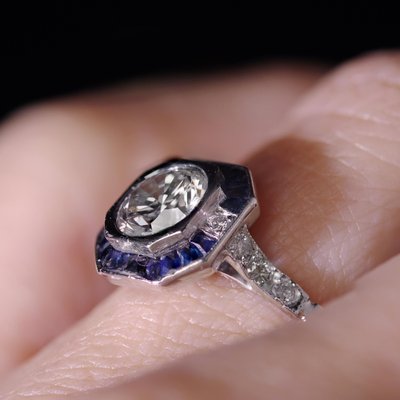 Art Deco Modern Sapphires Diamonds Platinum Ring-OLU-2042369