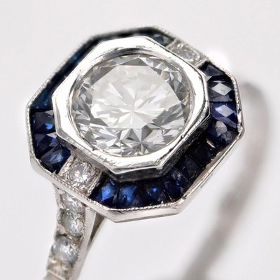 Art Deco Modern Sapphires Diamonds Platinum Ring-OLU-2042369