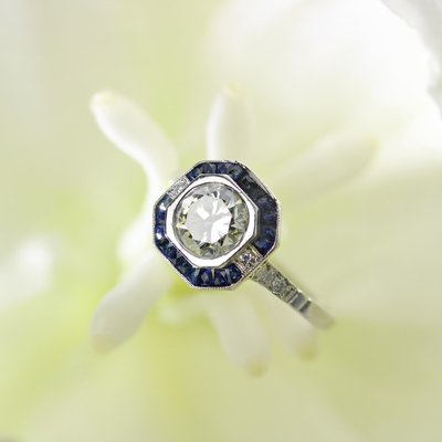 Art Deco Modern Sapphires Diamonds Platinum Ring-OLU-2042369