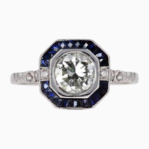 Art Deco Modern Sapphires Diamonds Platinum Ring-OLU-2042369