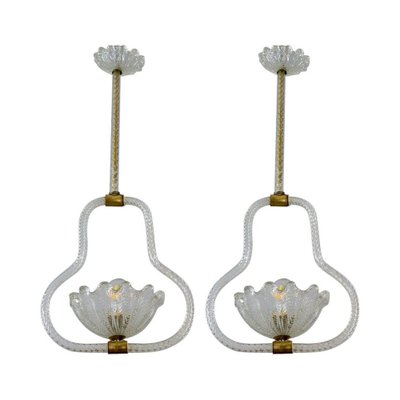 Art Deco Murano Glass and Brass Pendants or Lanterns attributed to Barovier from Erco, 1940-MBH-1757449