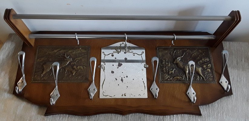 Art Deco Oak Wood Silver Wall Wardrobe with Hooks and Cloakroom Rods, 1930s-HOI-1277894