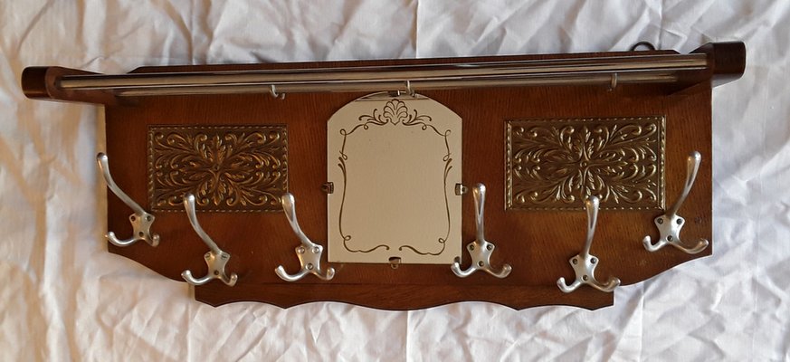 Art Deco Oak Wood Silver Wall Wardrobe with Hooks and Cloakroom Rods, 1930s-HOI-1277892