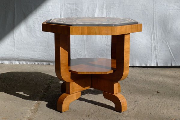 Art Deco Octagonal Coffee Table in Walnut & Marble Top with Geometric Inlays, 1920s-VRE-624007