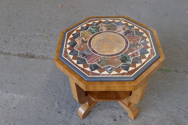 Art Deco Octagonal Coffee Table in Walnut & Marble Top with Geometric Inlays, 1920s-VRE-624007