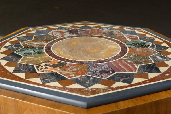 Art Deco Octagonal Coffee Table in Walnut & Marble Top with Geometric Inlays, 1920s-VRE-624007