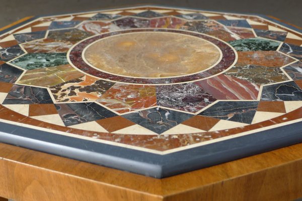 Art Deco Octagonal Coffee Table in Walnut & Marble Top with Geometric Inlays, 1920s-VRE-624007