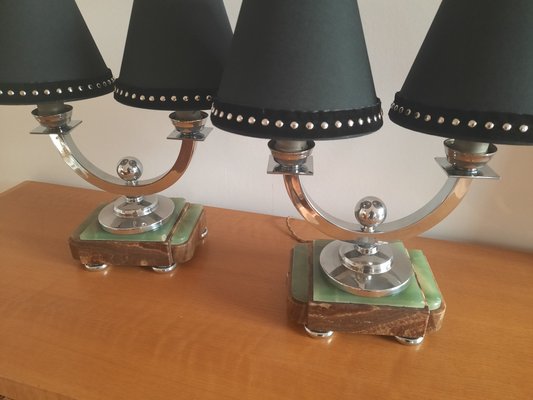 Art Deco Onyx & Chrome-Plated Brass Table Lamps, 1930s, Set of 2-AWH-850443