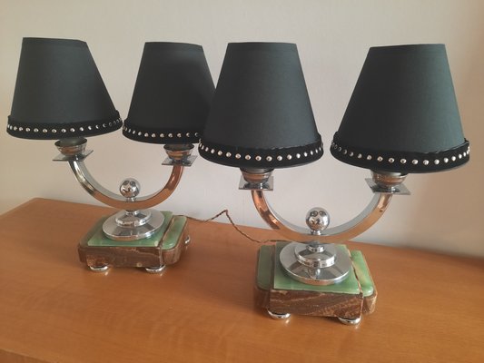 Art Deco Onyx & Chrome-Plated Brass Table Lamps, 1930s, Set of 2-AWH-850443