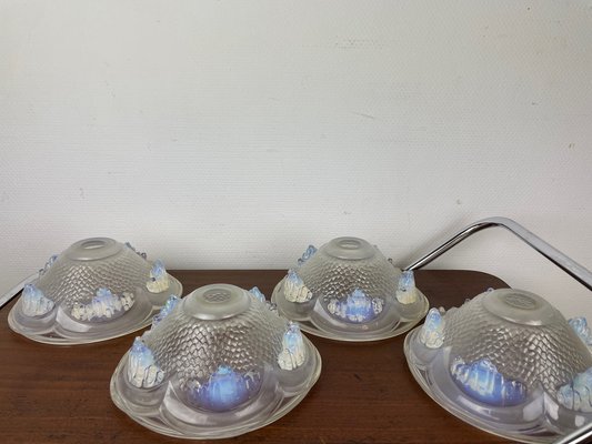 Art Deco Opalescent Pressed Ice Glass Lampshades from Ezan, France, 1930s, Set of 4-WQJ-1704726