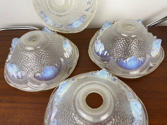 Art Deco Opalescent Pressed Ice Glass Lampshades from Ezan, France, 1930s, Set of 4-WQJ-1704726