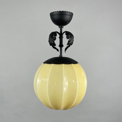 Art Deco Opaline Glass and Black Metal Pendant, 1930s-OE-2020915