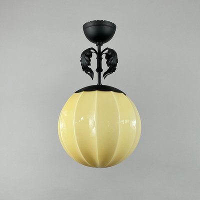 Art Deco Opaline Glass and Black Metal Pendant, 1930s-OE-2020915