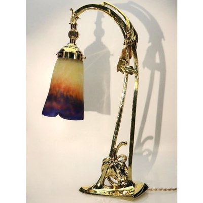 Art Deco Pate De Verre Brass & Glass Table Lamp from Muller Fres, 1910s-VDW-885991