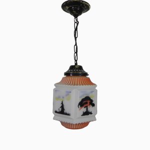 Art Deco Pendant Lamp with Glass Shade with Nature Scenes, 1930s-TL-2034829