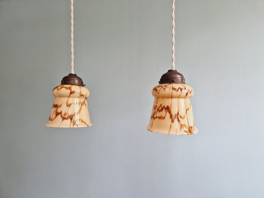 Art Deco Pendant Lights in Marbled Opaline Glass, 1920s, Set of 2-FAX-2033798