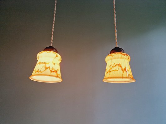 Art Deco Pendant Lights in Marbled Opaline Glass, 1920s, Set of 2-FAX-2033798