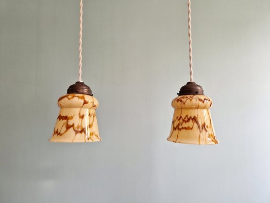 Art Deco Pendant Lights in Marbled Opaline Glass, 1920s, Set of 2-FAX-2033798