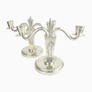 Art Deco Pewter Candleholders, 1940s, Set of 2-HYQ-1447471