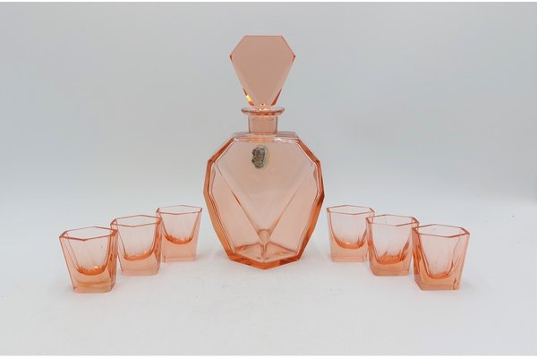 Art Deco Pink Glass Liquor Decanter and Glasses, Czech Republic, 1930s, Set of 7-BXB-1408963