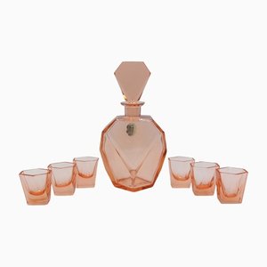 Art Deco Pink Glass Liquor Decanter and Glasses, Czech Republic, 1930s, Set of 7-BXB-1408963