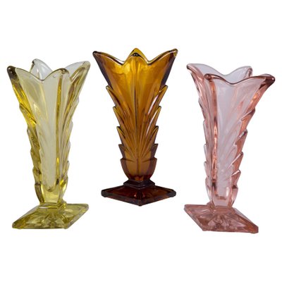 Art Deco Pink, Yellow and Orange Glass Vases, Bohemia, Set of 3-WHY-1004857