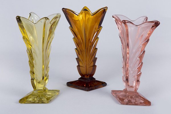 Art Deco Pink, Yellow and Orange Glass Vases, Bohemia, Set of 3-WHY-1004857