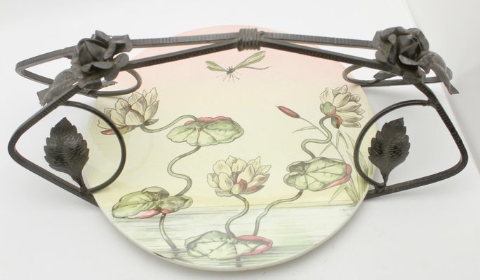 Art Deco Porcelain Gateau Plate with Handle or Carrier in Wrought Iron-MJY-1148866