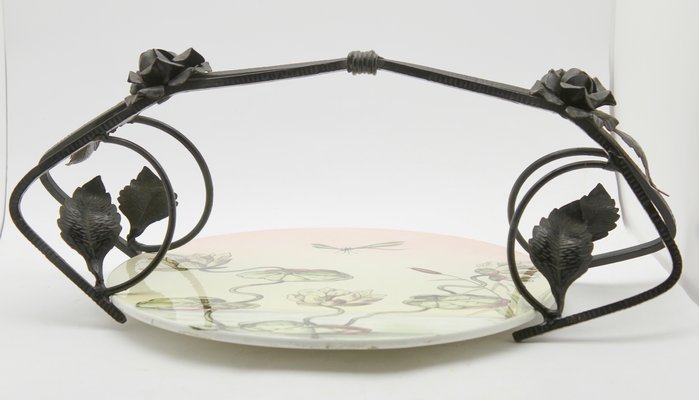 Art Deco Porcelain Gateau Plate with Handle or Carrier in Wrought Iron-MJY-1148866