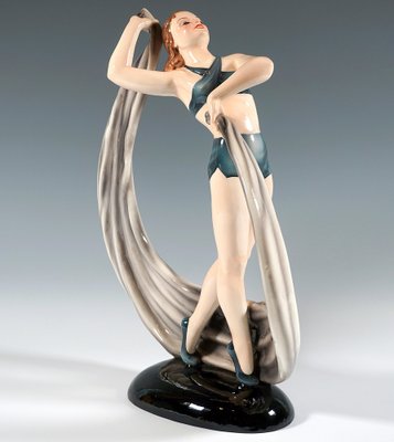 Art Deco Posing Dancer with Cloth Figurine attributed to Stephan Dakon for Keramos, Vienna, 1945-EMT-1804726